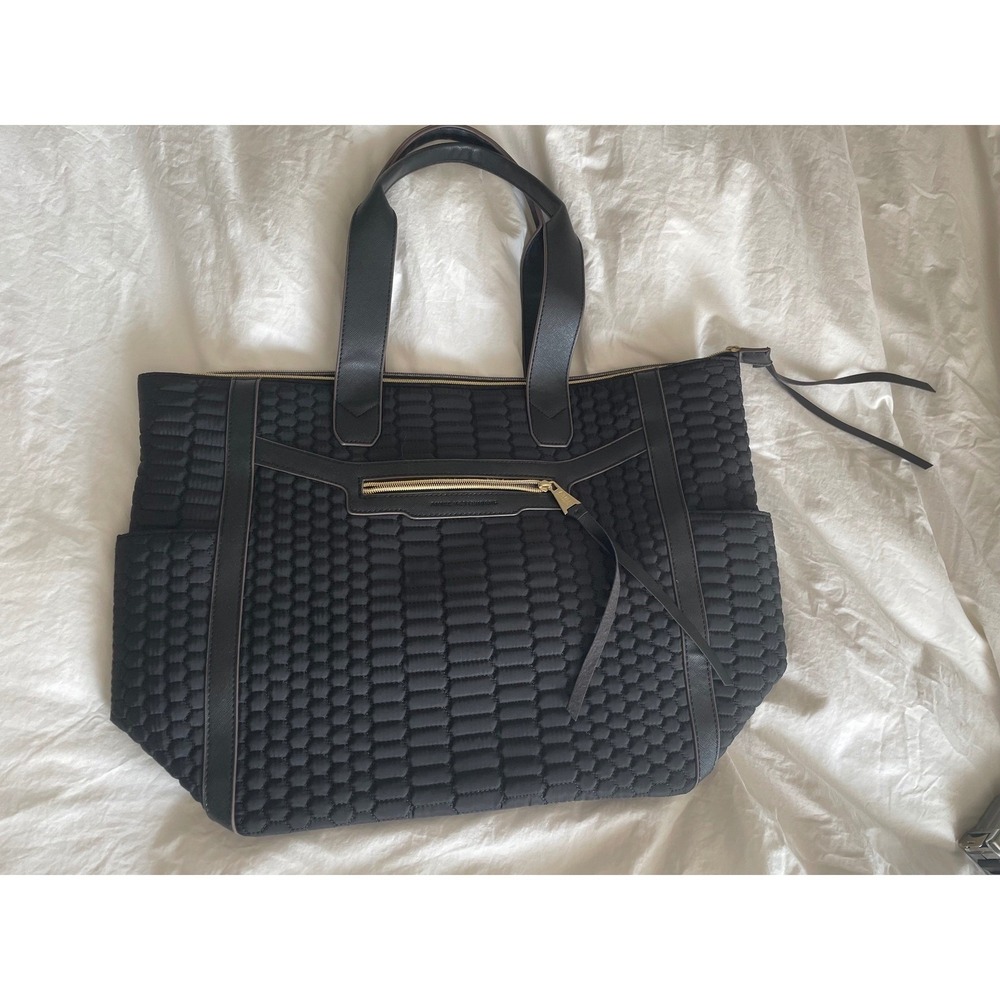 Aimee Kestenberg Tote Bag Black Quilted Faux Leather Trim Travel Gym Work